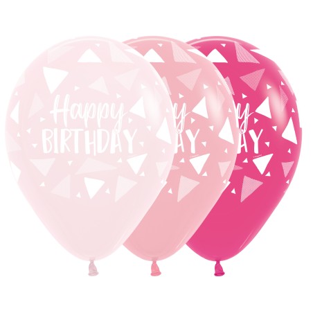 R12 HBTRP Balon okrągły 12" Happy Birthday trójkąty mix dziewczęcy