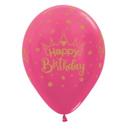 R12 HBCRPINK Balon okrągły 12" Happy Birthday Crown