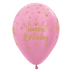R12 HBCRPINK Balon okrągły 12" Happy Birthday Crown